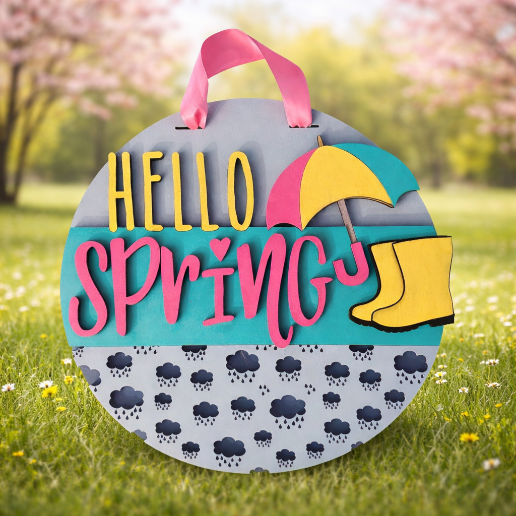 16" Hello Spring | 3D Layered Umbrella & Rain Boots Door Hanger