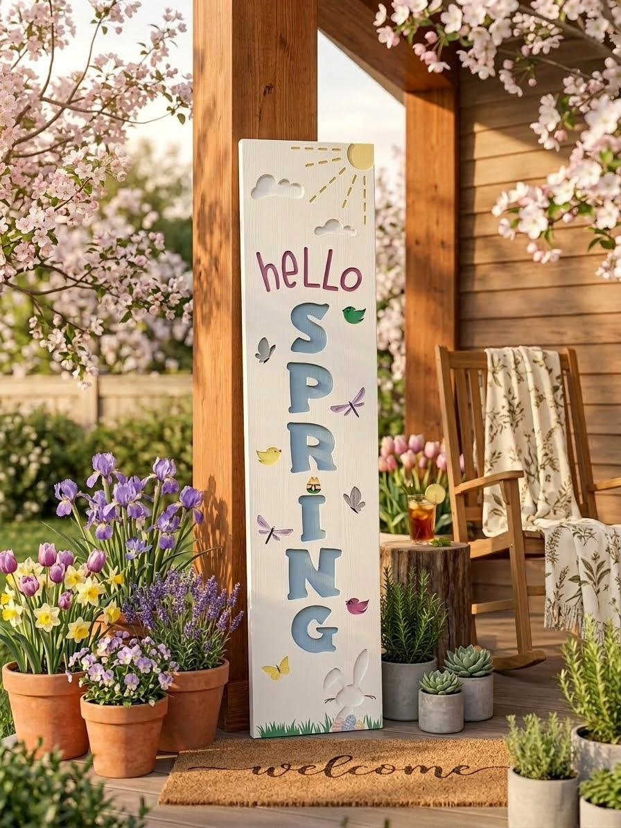 "hello SPRING" Hand-Painted Cheerful Wooden Porch Leaner