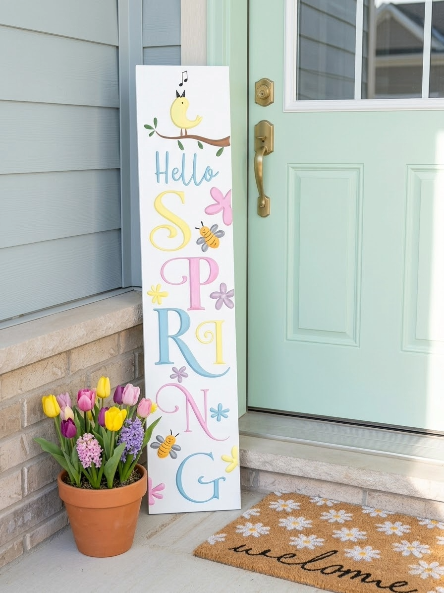 Whimsical "Hello Spring" Hand-Painted Porch Leaner Sign - With Bees & Singing Bird
