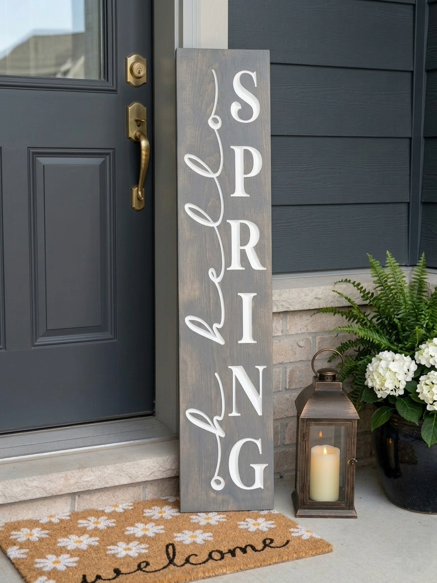 Rustic-Chic "hello SPRING" Wooden Porch Leaner Sign (Grey Wash)